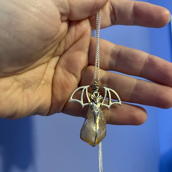 Citrine Bat Necklace, gothic wire wrapped crystal jewelry, Halloween bat - Picture 6 of 6
